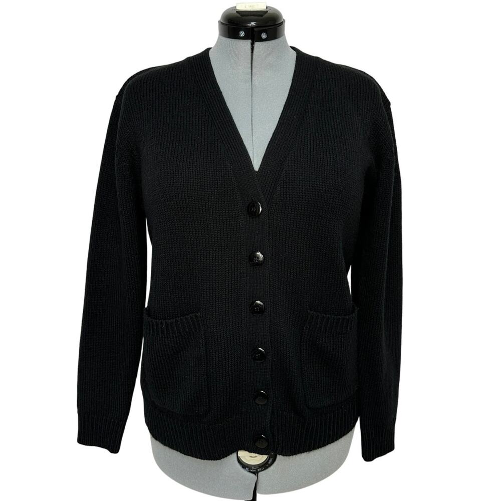 Vintage Cardigan Black Knit Button Sweater Petite Medium Patch Pocket Grannycore